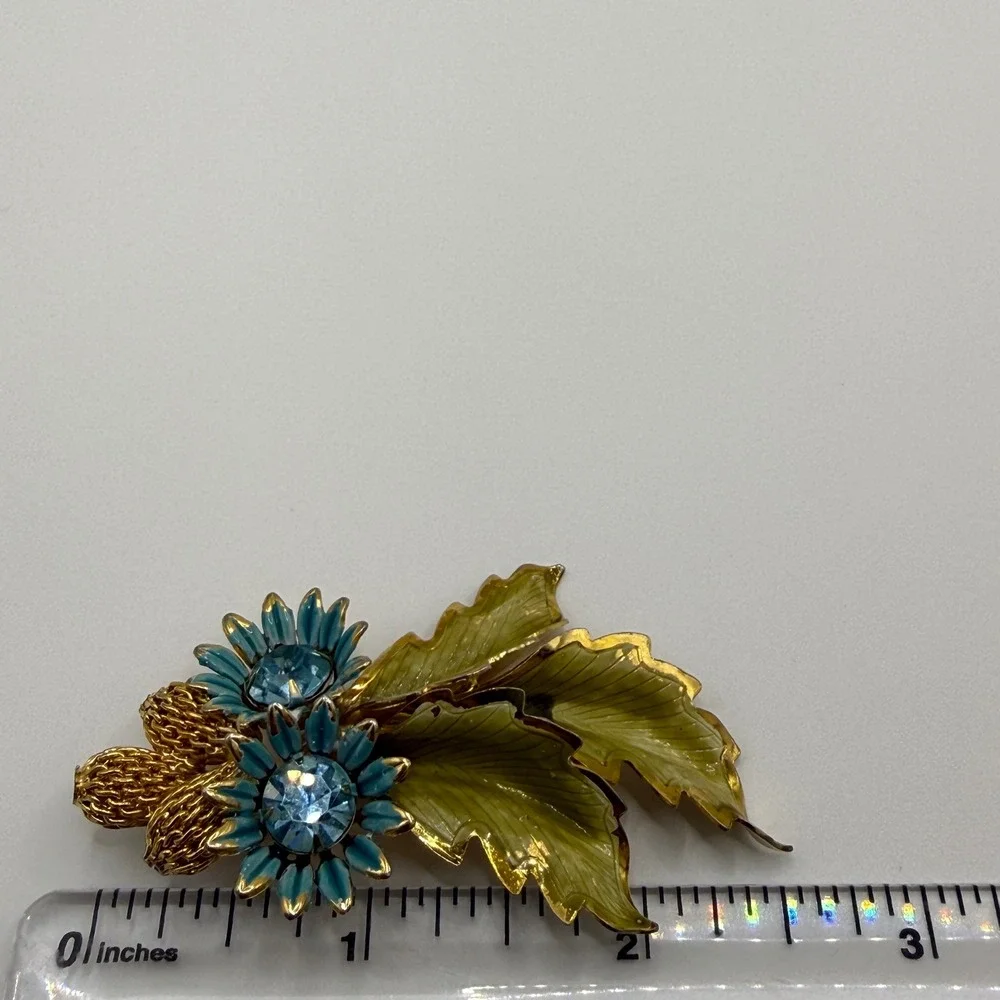 Vintage Blue Enamel Sunflower Green Leaf Gold Tone Rhinestone Floral Brooch Pin